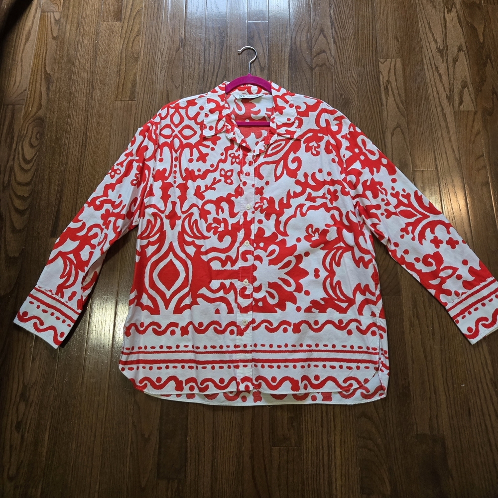 Red and White Patterned Button-Up Shirt